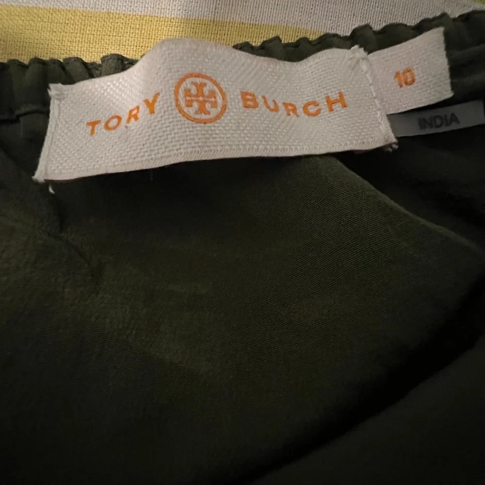 Tory Burch sz 10 Camille olive silk top with navy embroidery/ sequined embellish